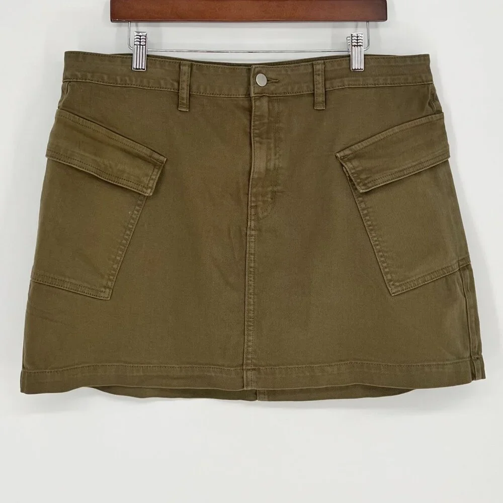 JustUSA Women Cargo Mini Skirt Size XL Olive Green Cotton Stretch Pockets Summer